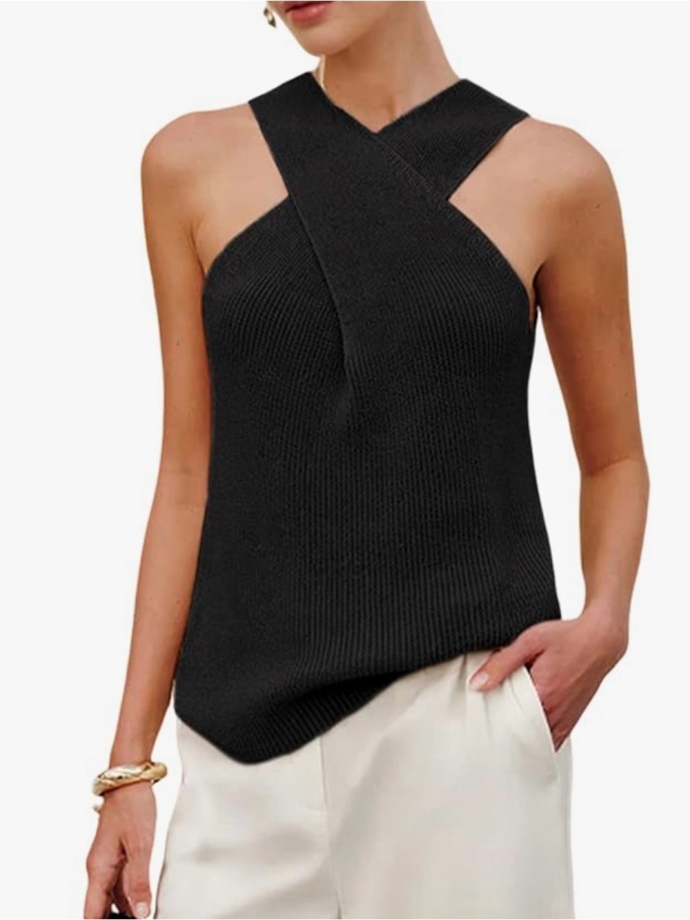 Cross Halter Knit Tank Top - Black